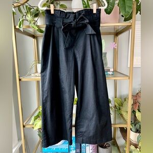 Halogen Paper-Bag Waist Cropped Wide-Leg Pants with Belt Tie in Black 2P